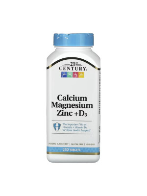 21st Century Calcium Magnesium Zinc +D3 - calcium magnesium zinc with vitamin D3, 250 tablets Фото 2