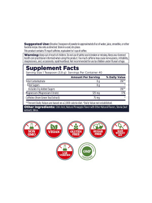 KAL Energy Magnesium Powder – Порошок цитрата магния с кофеином из зеленого чая, вкус ананас, 153 г Фото 2